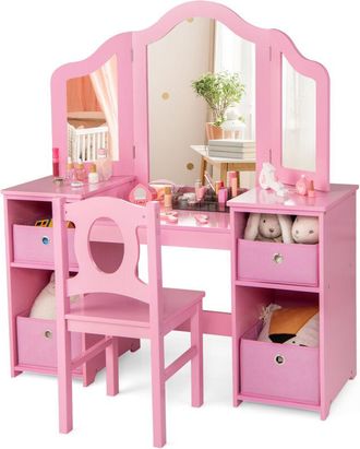 Costway Kids Vanity Desk & Chair 2 in 1 Toddler Makeup Pretend Play Table-Pink