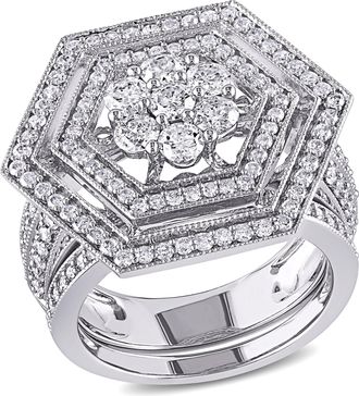 Mimi & Max 2ct TW Double Halo Geometric Diamond Bridal Set 10k White Gold