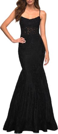 La Femme Mermaid Lace Gown with Sheer Bodice and Open Back in Black at Nordstrom, Size 00