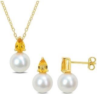 Delmar Citrine & Freshwater Pearl Stud Earrings & Pendant Necklace Set in Yellow at Nordstrom Rack