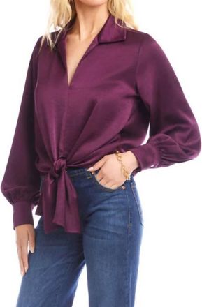Karen Kane Satin Tie Front Top In Eggplant