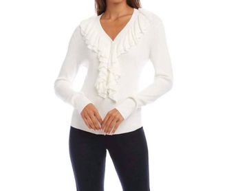 Karen Kane Ruffle V-Neck Sweater In Off White