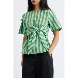 Damson Madder Estelle Stripe Tie Waist Top in Aqua at Nordstrom, Size 16 Us