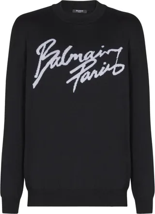 Balmain Merino wollen trui - Heren - Ronde hals truien - Zwart - XL - Wol - Truien & Vesten