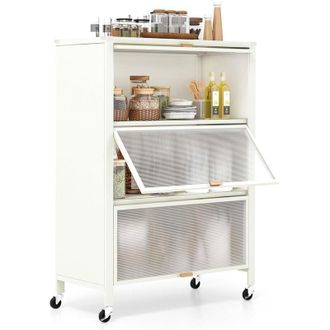 Costway Mensola da cucina a 4 ripiani con ante a ribalta, supporto per microonde in metallo su ruote universali con bloccaggio, bianco