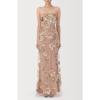 Sau Lee Pippa Floral Embellished Mesh Gown in Taupe Multi at Nordstrom, Size 14