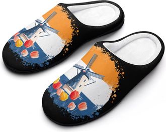 Generic Netherlands Tulip Flowers Windmills Men Slippers Funny House Shoes Cotton Slipper for Indoor Outdoor