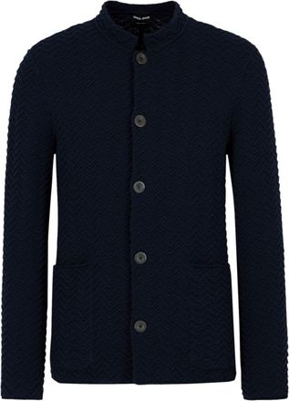 Giorgio Armani zigzag-embroidery buttoned cardigan - men - Wool/Polyester - 54 - Blue