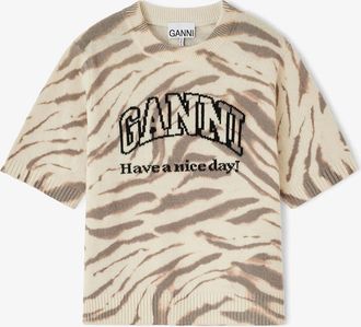 Ganni White Short Sleeve Jumper in Graphic Wool