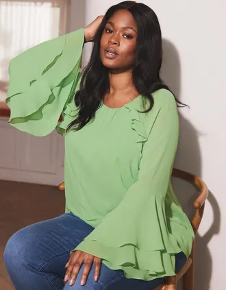 Live Unlimited London Womens Green Frill Ruffle Blouse - Size: 28