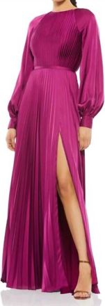 Mac Duggal Bishop Sleeves Pleated Dress In Berry