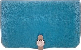 Herm&egrave;s Dogon Beige Blue Togo Leather Long Wallet (Bi-Fold) (Pre-Owned)