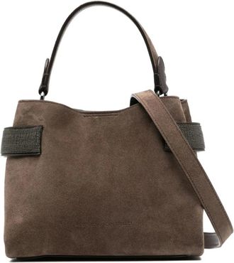 Brunello Cucinelli Tassen, Dames, Bruin, ONE Size, Su&egrave;de, Koffiebruine su&egrave;de tas met kettingdetail