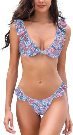 SHEKINI Womens Bikini Set Ruffles Two Piece Swimsuit with Low Waisted Brazilian Bottoms Padded Push up Bathing Suit Sexy Micro Swimwear for Women, Blue Pink F