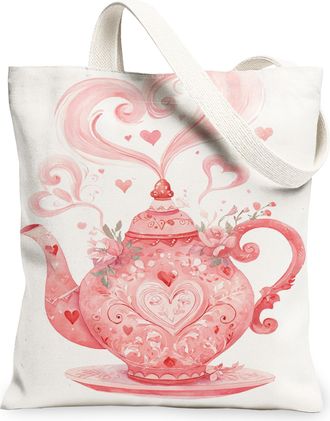 Generic Heart Floral Canvas Tote Bags, Teapot Design Reusable Grocery Bags, Spring Chic Lightweight Washable Shoulder Strap Canvas, Peach, 13x15 Inch