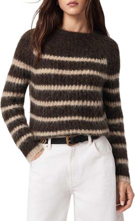 AllSaints Riga Stripe Crewneck Sweater in Brittle Brown/Barley at Nordstrom, Size X-Small
