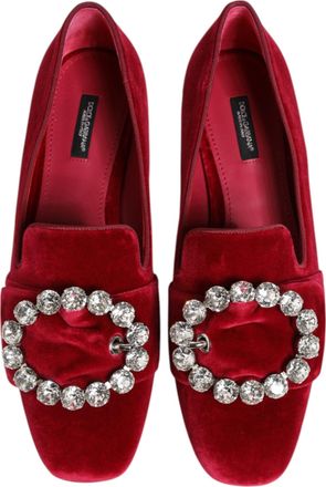 Dolce & Gabbana Womens Velvet Crystal Buckle Flat Red Cotton Elastane Viscose