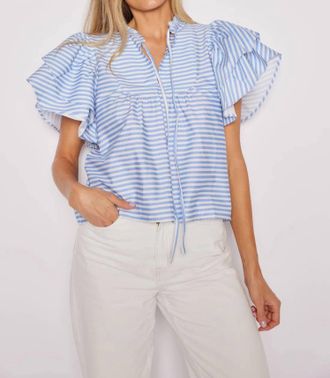 Sail to Sable Womens Stripe Ruffle Sleeve Top In Blue