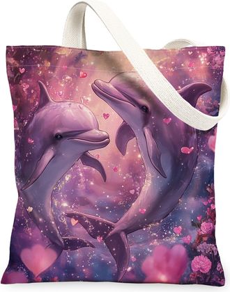 Generic Valentines Day Dolphin Canvas Tote Bag for Shopping 13x15, Ocean Sea Sealife Love Heart Reusable Grocery Print Pattern Bag for Women, Couple Lover Bea