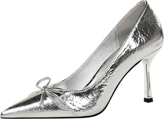 Generic Women Pointed Toe Stiletto High Heels 8CM Silver Dress Shoes Bow Openwork Wedding Evening Party (11.5)