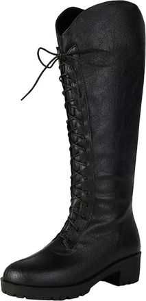 Generic Womens Retro Knee High Equestrian Boots Round Toe Medium Block Heel Platform With Lace Up For Daily Wear