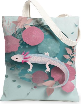 Generic Floral Lizard Canvas Tote Bags, Designer Plant Pattern Reusable Grocery Bags, Spring Lightweight Washable Shoulder Strap Ca, Blue, 13x15 Inch