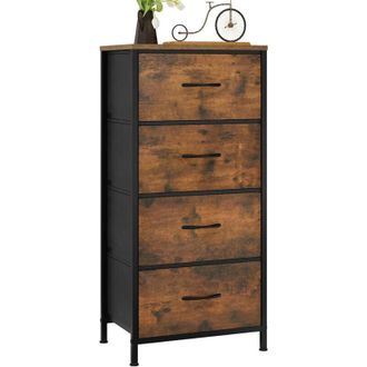 Woltu C&oacute;moda Con 4 Cajones, C&oacute;moda De Tela, Estructura De Metal, Tapa De Madera E1, Marr&oacute;n Vintage Y Negro - Woltu