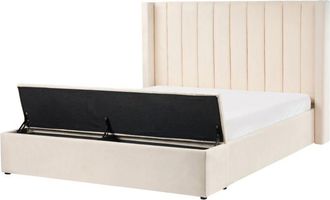 Beliani Cama Con Banco De Almacenaje De Terciopelo 160 X 200 Cm Reposacabezas Alto Blanco Crema Noyers