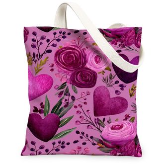 Generic Romantic Floral Canvas Tote Bags, Heart Pattern Reusable Shopping Bags, Lightweight Washable Shoulder Strap Canvas for Outd, Peach, 13x15 Inch