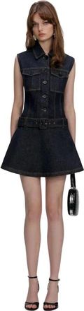 Self Portrait Denim Flared Mini Jurk - Dames - Shirt Kleedjes - Blauw - 2XS - Denim - Kleedjes