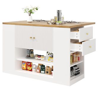 STILVORA Isla De Cocina Con 2 Puertas, Cajones, Estantes Ajustables Y Tablero Plegable, Mdf Y Metal, 140x40x90 Cm, Blanco