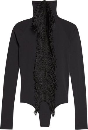 Alaia Fringed Long Sleeve Funnel Neck Bodysuit in Noir Alaia at Nordstrom, Size 6 Us