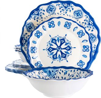 Elama Blue Garden 12 Piece Scalloped Lightweight Melamine Dinnerware Set in Blue