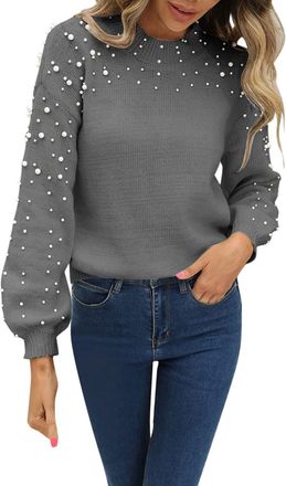 Generic Ladies Jumpers, Womens Pullover Jumpers with Pearls Sleeves Plain Elegant Jumper Knitted Stand-Up Collar Loose Winter Sweaters Casual Knitwear Tops Fa