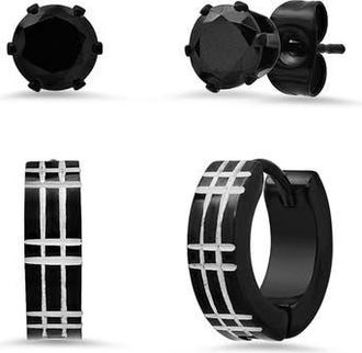 HMY Jewelry Mens Set of 2 Two-Tone Stainless Steel Crystal Stud & Hoop Earrings in Black at Nordstrom Rack