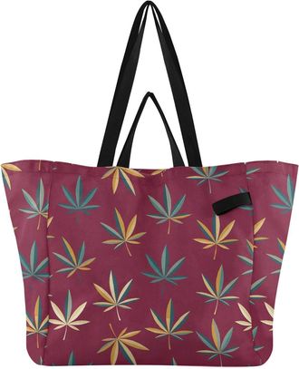 Generic Fall Leaves Red print Reusable Canvas Tote Bag, Heavy Duty Grocery Shopping Bag with Double Handles Hard Bottom Large Capacity Work Groceries Travel