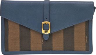 Fendi Blue Brown Leather Canvas Clutch Bag (Pre-Owned)