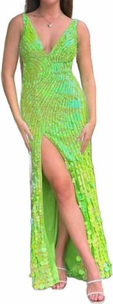 Sherri Hill Plunging Neckline Paillettes Dress In Neon Green