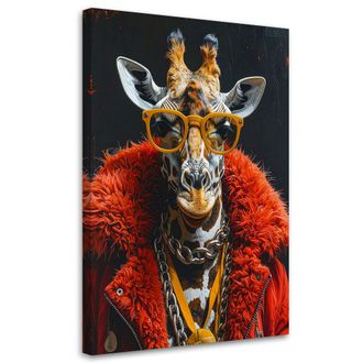 Feeby Cuadro En Lienzo, Jirafa Con Gafas Amarillas Y Abrigo De Piel Rojo, 70x100