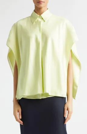 Bottega Veneta Layered Short Sleeve Silk Twill Button-Up Shirt in 3400 Lichen at Nordstrom, Size 36
