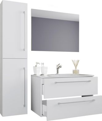 ebuy24 Ebuy24 - Vcm 4 Piezas Lavabo Lavabo Gabinete Inferior Ancho 80 Cm Muebles De Ba&ntilde;o Conjunto Con Cajones Espejo De Puertas Giratorias Badinos (blanco)