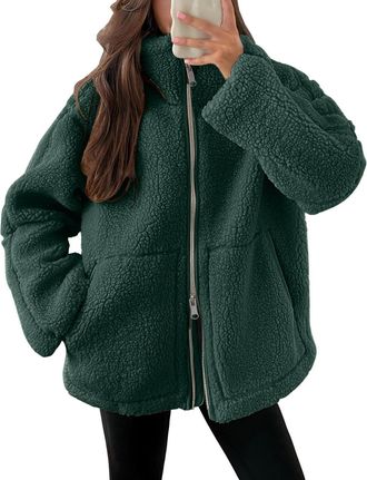 Generic Winter Jackets for Women UK Full Zip Fleece Coats Ladies Fall Drawstring Solid Color Teddy Hooded Cardigan Warm Casual Loose Long Sleeve Fuzzy Sherpa 