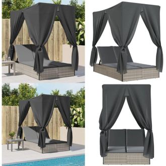 vidaXL Lettino Prendisole Tetto e Tende Grigio Chiaro in Polyrattan - Lettino esterno - Lettino doppio