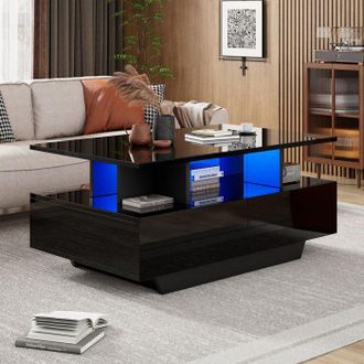 OEM Mesa De Centro De Sal&oacute;n, Lacada Brillante, Con Iluminaci&oacute;n Led Y 2 Cajones, 90 X 55 X 41 Cm, Mueble De Sal&oacute;n
