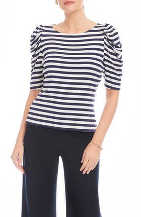 Fifteen Twenty Marni Stripe Ruched Sleeve Rib Top in Navy W/White at Nordstrom, Size X-Small