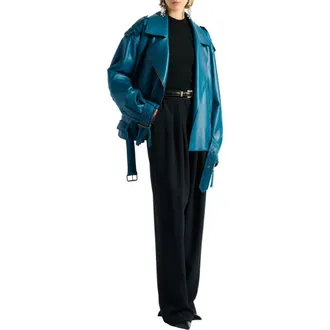 Balmain Lambskin leather biker jacket in Blue at Nordstrom, Size 36 Eu
