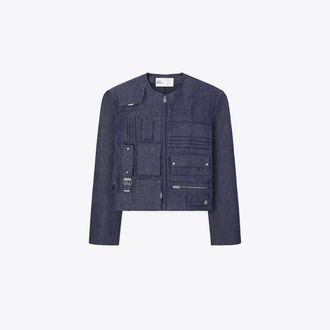 Tory Burch Womens Denim Handbag Jacket, size 12