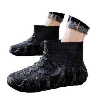 Generic Mens Rain Boots Slip Work Shoes Thick Sole Mid Calf Outdoor Hiking Fishing Gardening Rubber Boots For Men (Black, 8.5)