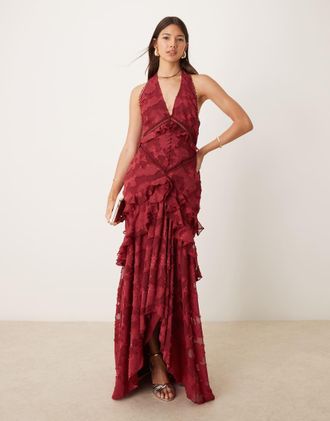 Asos burnout jacquard halter neck high-low maxi dress in red