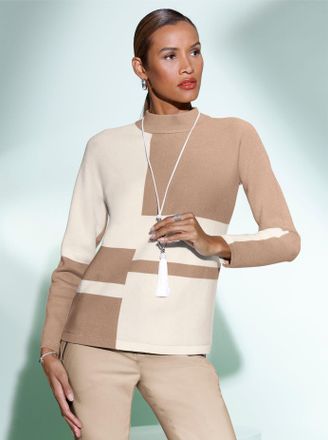 Cr&eacute;ation L Fledermauspullover CREATION L Jacquard-Pullover, Damen, Gr. 36, beige (beige, ecru, gemustert), 50% Viskose, 28% Polyester, 22% Polyamid, gemustert, u